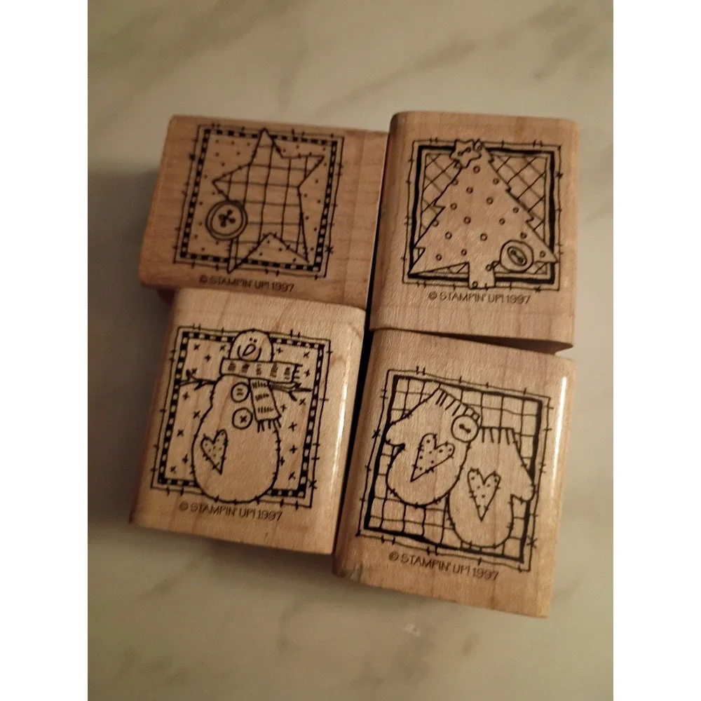 Stampin Up 1997 Vintage Wood Mounted Rubber Stamps Winter Christmas Set of 4